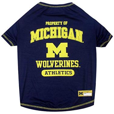Imagem de Pets First Camiseta Collegiate MICHIGAN WOLVERINES para cães, média. Camiseta licenciada para animais de estimação colorida com logotipos de equipe. - Materiais elásticos premium para o conforto do