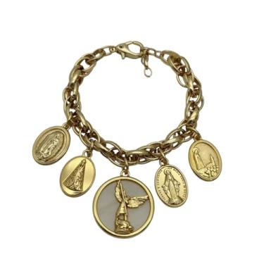Imagem de Pulseira Dourada 5 Pingentes – Pingentes de Nossa Senhora Aparecida, das Graças, de Guadalupe, de Fátima e São Miguel Arcanjo (GG (23 cm))