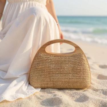 Imagem de Bolsa Feminina Palha Sintética Trançada Alça de Madeira Baú Alça Corre