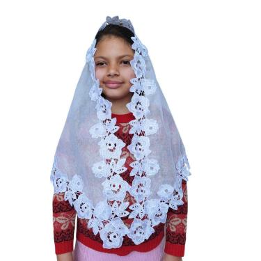 Imagem de Véu CCB  Juvenil  Renda Larga Flores 9 A 12 Anos