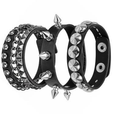 Imagem de Pulseira punk cravejada de couro preto para homens e mulheres dos anos 80 anos 90 pulseiras góticas de spike com rebite pulseira de couro ajustável punk rock com metal cravejado para acessórios de festa de Halloween, Poliuretano Couro Couro sintético, Sem pedras preciosas