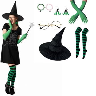 Imagem de ZPEGeigy Chapéu de bruxa de runas místicas, acessórios de fantasia, óculos, luvas verdes, meias listradas, pulseiras combinando, coroa, chapéu de bruxa, brincos, adulto, filme de Halloween, cosplay