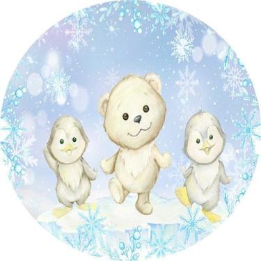 Imagem de Painel de Lona Redondo Ursinho Aquarela Frozen e Pinguins - Fabrika De