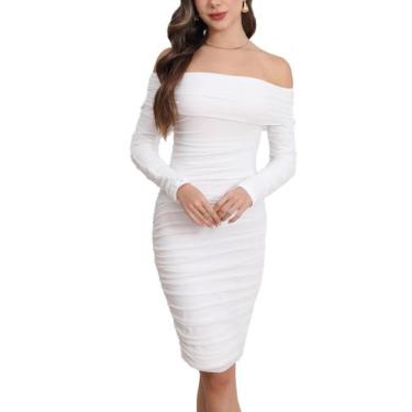 Imagem de Vestido Fooullaide Off Shoulder, manga comprida, franzido, branco