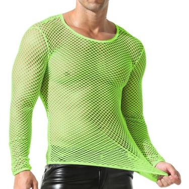 Imagem de Camisa Fishnet masculina QiAti de malha transparente de manga comprida