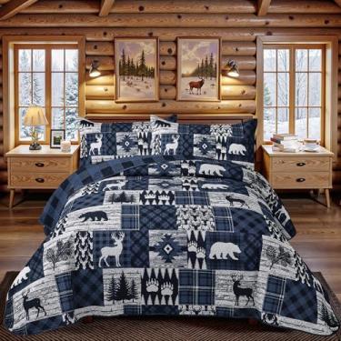 Imagem de Conjunto de colcha casal/queen com 3 peças, casa de fazenda, rústica, reversível, microfibra, macia, leve, edredom com 2 fronhas patchwork Country Lodge conjunto de colcha para todas as estações, 222