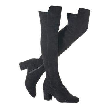 Imagem de N.N.G Botas femininas acima do joelho até a coxa camurça preta bloco baixo 5 cm salto grosso acima do joelho inverno bico fino, PretoSalto de 2 1/2 Ihch, 40