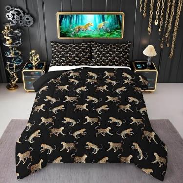 Imagem de jejeloiu Conjunto de edredom de leopardo, tamanho casal, estampa de guepardo, para crianças, meninos, meninas, preto, decoração de quarto de animal, safári, microfibra, 3 peças com 2 fronhas