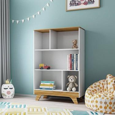 Imagem de Estante Infantil 5 Nichos 100% Mdf Retrô Branco Brilho/Amêndoa