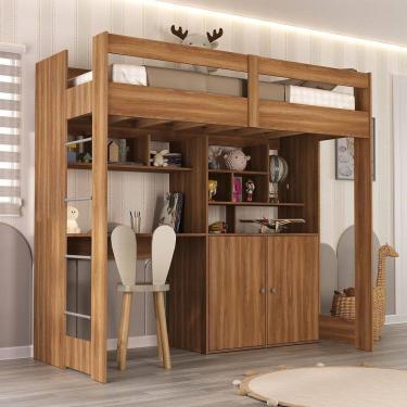 Imagem de Cama Alta Infantil Juvenil 2 Portas com Escrivaninha Multifuncional Zwork Yescasa Nogal