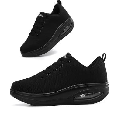 Imagem de Oude Tênis All Black Feminino Confortável, Sapatos Anabela Trips, Solado Rocker Com Almofada De Ar 2" Tamanho 9