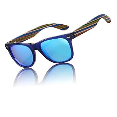 Imagem de DUCO Óculos de sol polarizados feitos à mão em madeira de nogueira 100% proteção UV 400 para homens 2141, Armação azul transparente Revo lente azul