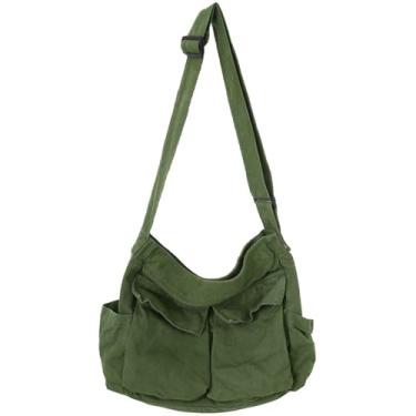 Imagem de Bolsa carteiro de lona grande bolsa transversal com vários bolsos bolsa de ombro de lona para mulheres e homens, Verde militar, Medium
