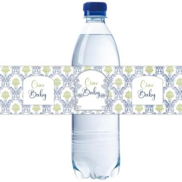 Imagem de 32 etiquetas para garrafas de água Ciao Baby, embalagens de garrafa de água Lemon Oh Baby, azul costeiro, adesivos de bebê para revelação de gênero/decoração de festa de chá de bebê
