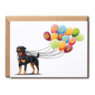 Imagem de SMHGifts Cartão de aniversário Rottweiler - Cartão balão Rottweiler - Cartão de amante de cães - Cartão de feliz aniversário - Cartão de aniversário de cachorro - Cartão fofo