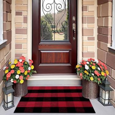 Imagem de OLANLY Tapete xadrez Buffalo 2' x 3' (61.0 cm x 91.4 cm) – Capacho xadrez de algodão vermelho e preto, tapete lavável interno ao ar livre para varanda frontal em camadas, cozinha, decoração de entrada