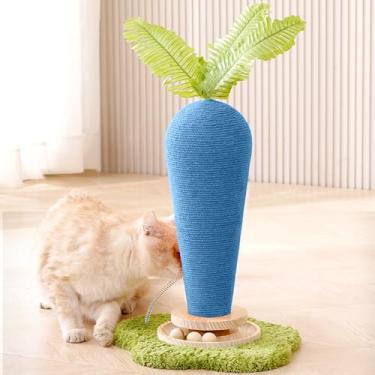 Imagem de Lindo poste arranhador para gatos, arranhador de cenoura com toca-discos de madeira natural durável e erva-dos-gatos, 61 cm A, design em forma de cenoura azul, sisal, arranhador de sisal para gatos