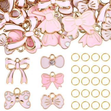 Imagem de SUNNYCLUE 1 caixa 150 peças pingentes de laço rosa amuletos de laço romântico amor dia dos namorados 50 peças pingentes de contas de laço com 100 peças de anéis de salto para suprimentos de fabricação