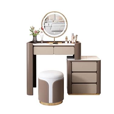 Imagem de Escrivaninha de penteadeira Conjunto de toucador luxo com gavetas Cômoda madeira Quarto pequeno apartamento Espelho maquiagem Armário armazenamento Mesa gaveta lateral(Pequeno)