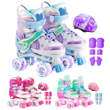 Imagem de Patins 4 Rodas Infantil Ajustável Led + Kit Proteção (Roxo sereia, M - 33 AO 36)