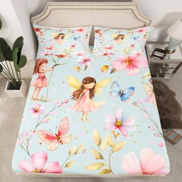 Imagem de Erosebridal Jogo de cama floral, fada dos sonhos, jardim de fadas dos sonhos, flor de borboleta fofa, rosa, 3 peças, decoração de quarto (sem lençol de cima)