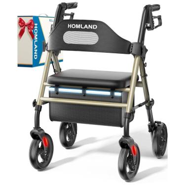 Imagem de Andador Rollator Dobrável com Assento para Idosos, Rodas Grandes de 20,32 cm, Suporta até 159 Kg, Altura Ajustável - Andador