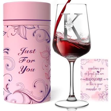 Imagem de Presentes de taça de vinho monograma personalizados para mulheres - Taça de vinho A-Z personalizada com caixa de presente e cartão comemorativo, presentes de aniversário exclusivos de Natal para ela