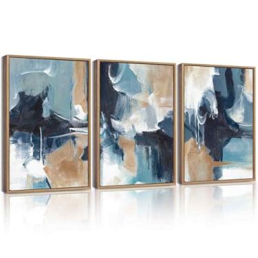 Imagem de KUVIOKE Arte de parede emoldurada abstrata azul marinho em forma de grafite pastel decoração de parede pintura moderna minimalista para quarto sala de estar 30,5 x 40,6 cm (moldura natural)