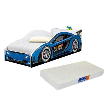 Imagem de Cama Carro Infantil Solteiro Azul C/ Baú e Colchão