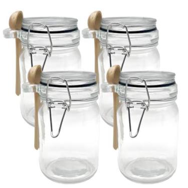 Imagem de Kit 4 Pote Hermético De Vidro Com Trava e Colher de Bambu Redondo 280m