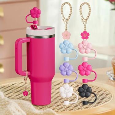 Imagem de Conjunto de 8 peças compatíveis com acessórios Stanley Cup, 6 topos de palha de flores compatíveis com capa de palha Stanley de 9 a 10 mm, 2 lindos pingentes de flores para copo com alça