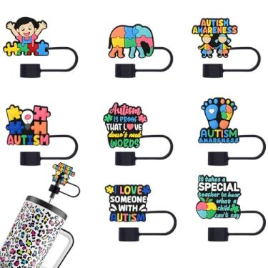 Imagem de Capas de canudo de conscientização do autismo para Stanley Cup 40 850.5 g, 8 peças de topo de canudo fofo para 10 mm, tampas de ponta de canudo Stanley (autismo 10 mm)
