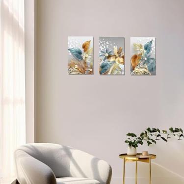 Imagem de 1 conjunto/3 peças de folha elegante e pérola com borboletas - conjunto de arte de parede moderna - pôsteres de pintura em tela para decoração de casa, 20 x 30 cm, sem moldura