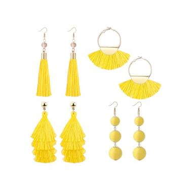 Imagem de 4 pares de brincos de borla para mulheres, brincos de borla de linha longa, em forma de leque, brincos de franja boêmia, brincos feitos à mão