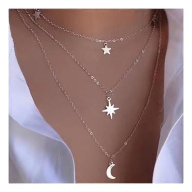 Imagem de Colar de corrente em camadas para mulheres, pingente de lua e estrela, acessórios modernos, joias e presentes, One Size, Liga de aço, Sem Pedra Preciosa