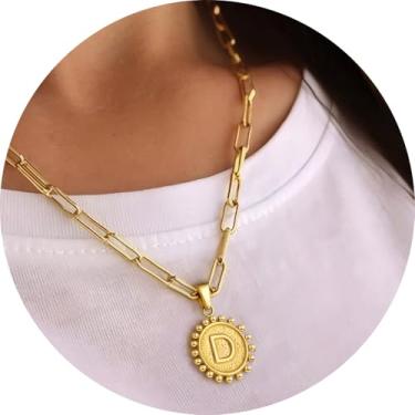 Imagem de Colar com pingente circular inicial A-Z, joia personalizada de aço inoxidável com bordas decorativas, adequado para mulheres, F, Aço inoxidável, Sem Pedra Preciosa