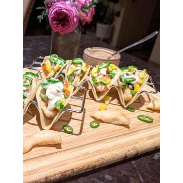 Imagem de Pacote com 3 suportes de taco, suporte de concha de taco de aço inoxidável, pratos de bandeja de tacos para assar, podem ser lavados na lava-louças e no micro-ondas, comporta 4 tacos cada