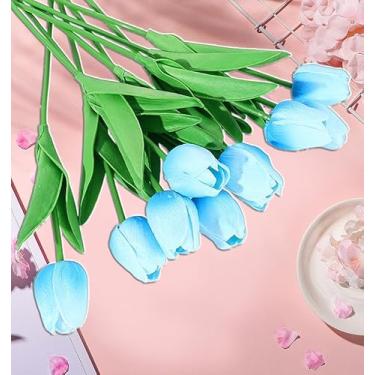 Imagem de 10 peças/conjunto de flores artificiais tulipas toque real para presentes de primavera e páscoa flores artificiais a granel casa cozinha buquê de casamento (azul, 33 cm)