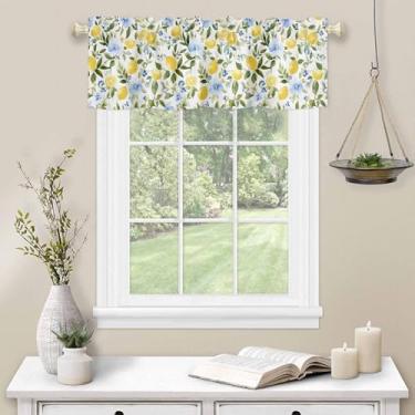 Imagem de Cortina de cozinha amarela limão para janela flores azuis folha bolso haste sanefa cozinha tratamento de janela para quarto sala de estar 107 x 30 cm