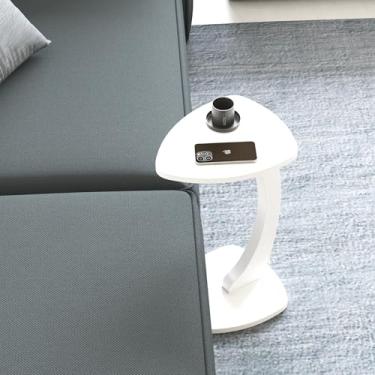 Imagem de Mesa de design triangular em forma de C para sofá em lugares pequenos, mesa lateral em forma de cobertura para sofá e cabeceira com rodas, bandeja de café e lanche para sala de estar, escritório