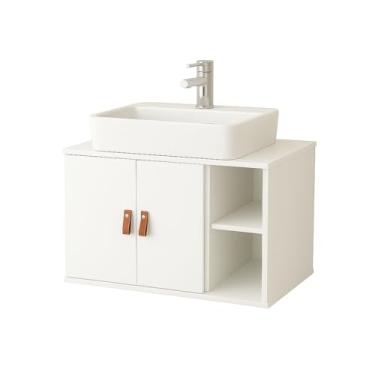 Imagem de Armário armário de banheiro suspenso varanda com nicho 2 portas alça de couro(Branco)