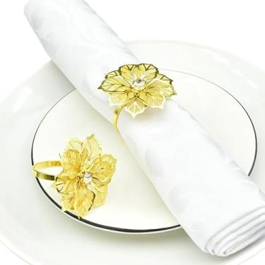 Imagem de Conjunto de 6 anéis luxuosos de guardanapo de flores de malha dourada elegante com strass, porta-guardanapos de flores reutilizáveis, acessórios de mesa para banquetes de casamento e jantar em casa