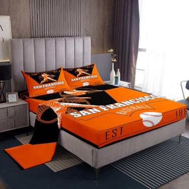 Imagem de Feelyou Jogo de lençol casal de beisebol de São Francisco, para crianças, meninos, meninas, beisebol, cidade, bolso alto, esportivo, respirável, macio e leve de microfibra