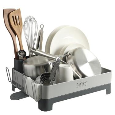 Imagem de Gibson Home Nestcraft Escorredor de pratos resistente à ferrugem de tamanho completo com placa de drenagem e suporte de talheres - cinza