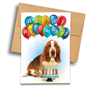Imagem de Fava Bean Productions Cartão de Feliz Aniversário com Basset Hound, Bolo de Biscoito de Cachorro e Balões Design - 557