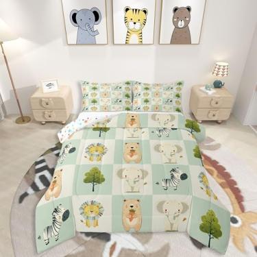 Imagem de jejeloiu Conjunto de edredom de animais fofos, tamanho casal, animais de safári, para crianças, meninos, meninas, urso zebra, leão, desenho animado, elefante, decoração de quarto, microfibra, 3 peças