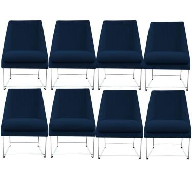 Imagem de Kit 08 Cadeiras Ana Base De Ferro Prata Suede Azul Marinho D'classe Decor