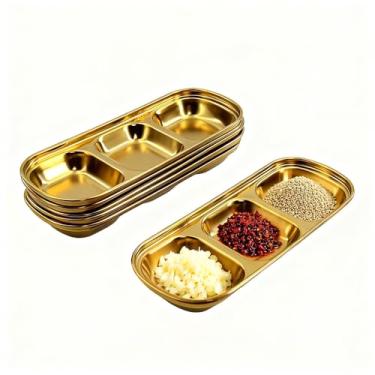 Imagem de JBESUHI 6 peças de prato de molho de soja de aço inoxidável - Tigelas coreanas com 3 compartimentos, prato de molho dividido em prata, bandeja de temperos para churrasco, vinagre, especiarias, sal