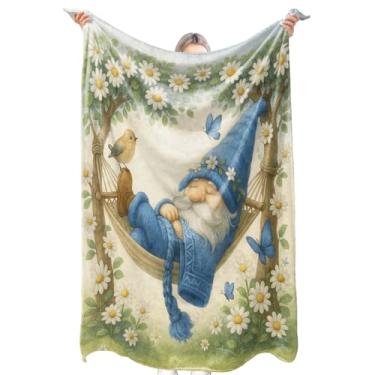 Imagem de zbezbe Cobertor de flanela de gnomo adormecido caprichoso para jardim, margarida, borboleta, pássaro, cobertor leve e macio para festa, cadeira, cama, sofá, acampamento, viagem, decoração de casa