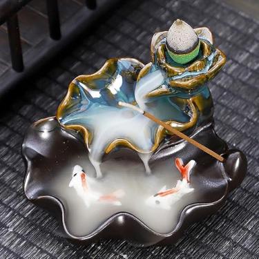 Imagem de Queimador de incenso de refluxo de cerâmica, decoração criativa para casa, queimador de incenso de refluxo em forma de peixe artesanal, aproveite o aroma de sândalo (B-10 azul holandês)